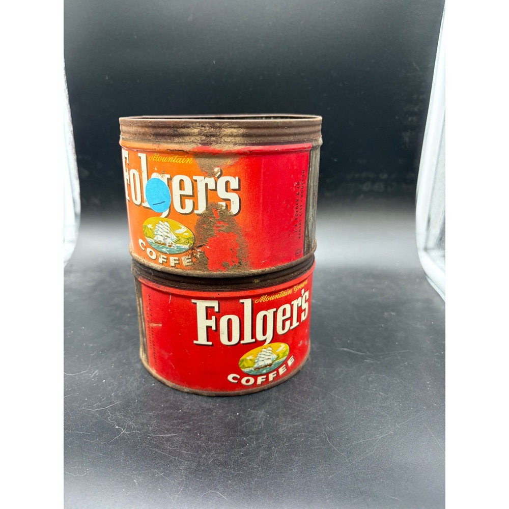 Vintage Folgers Coffee Tins Set of 2 Mountain Grown Ship Logo Red Cans with Key